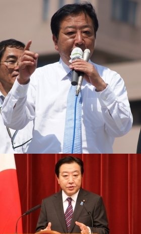 こんがり焼けた顔で、民主候補の応援演説に立つ野田前首相（9日撮影）。下は首相在任中（11年12月撮影）