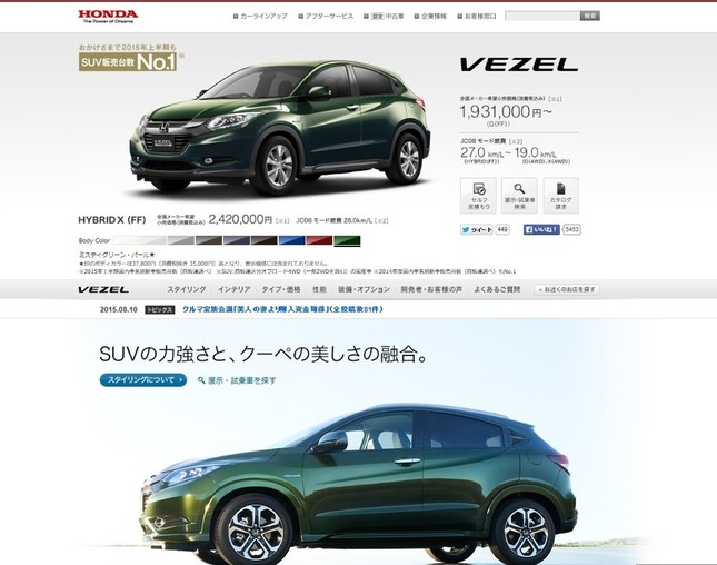 各社の本格参入が相次ぐ小型SUV。写真はホンダのホームページから