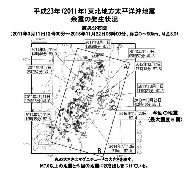 気象庁では今回の地震を東北地方太平洋沖地震（東日本大震災）の余震だとみている（図は気象庁の発表資料より）