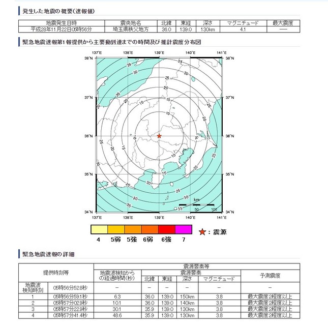 気象庁が発表した「埼玉県秩父地方」を震源とする地震の概要。震度1以上の揺れは観測されなかった