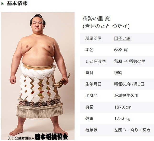 2017年3月場所で逆転優勝した稀勢の里（画像は日本相撲協会HPから）