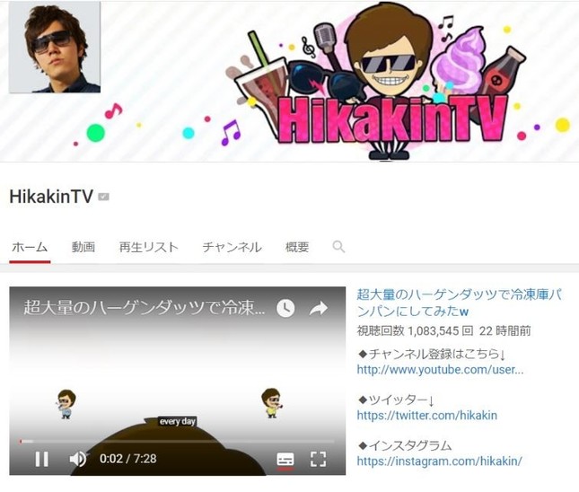 「HikakinTV」(写真はYouTubeから)
