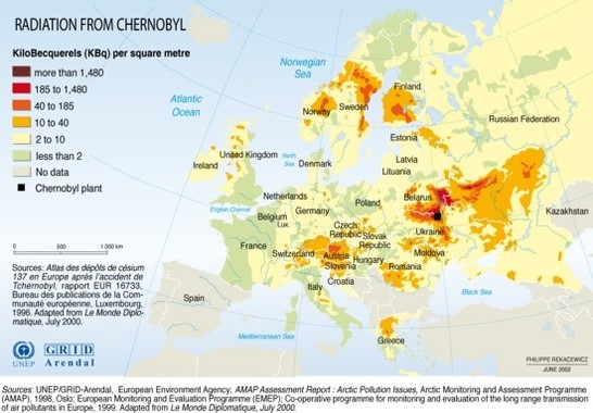 「GRID-Arendal」が公開している、チェルノブイリ原発事故での放射性物質飛散マップ