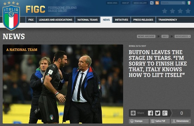 GKジャン・ルイジ・ブッフォンの代表引退を伝えるイタリアサッカー連盟（FIGC）公式サイト