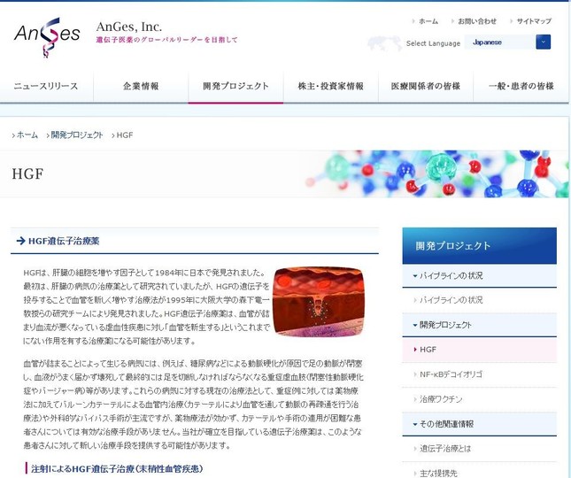 アンジェス社のHPには「HGF」の説明がある
