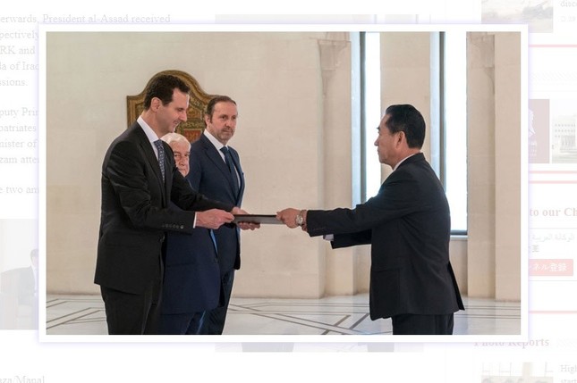 シリアの国営SANA通信が報じた信任状捧呈式の様子。アサド大統領が「金正恩閣下に会う決心である」などと述べたという