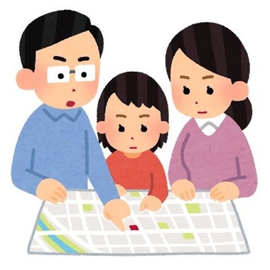 「避難所を確認する家族のイラスト」