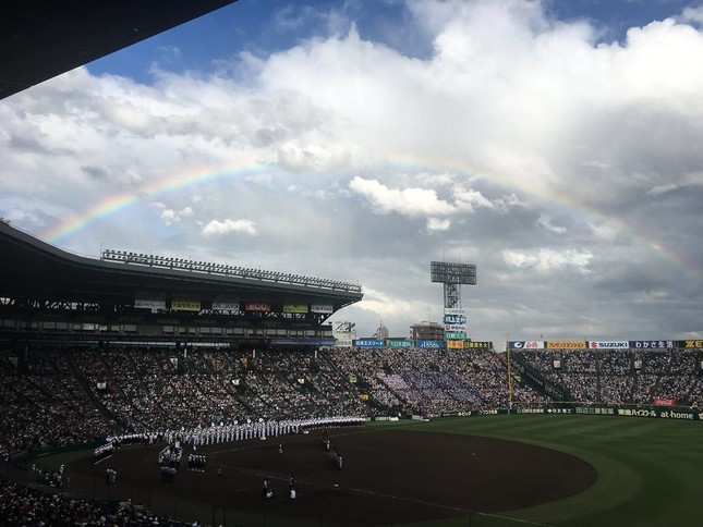 阪神甲子園球場にかかった「虹」（写真提供：「せのがしら五郎 私を甲子園に連れてって！」さん）