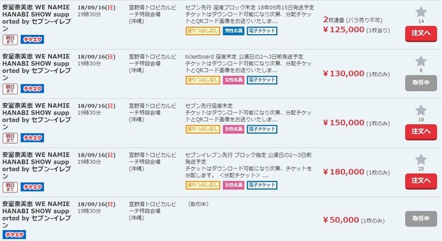 チケット個人間売買仲介サイトで、9月16日のイベントチケットの価格が高騰（「チケット流通センター」から）