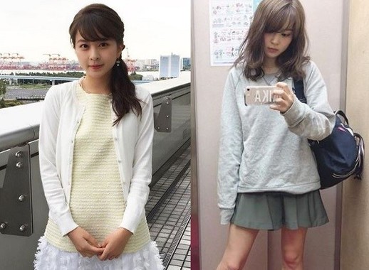 沖田愛加さんのギャップ写真が話題。同左は「めざましどようび」出演時の服装（それぞれ沖田さんのインスタグラムより）