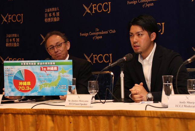 会見を開いた玉城デニー沖縄県知事（左）と元山仁士郎代表