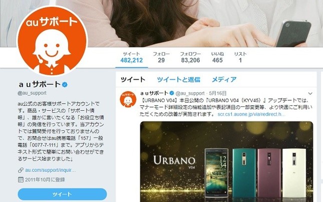 auサポートのツイッターアカウント