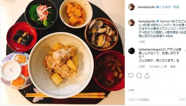 「処理」された食事（熊田曜子さんのインスタグラムより）