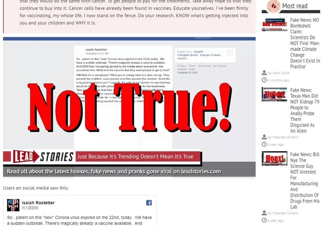 米国のファクトチェック団体は「新型コロナウイルスは特許を取得している」という書き込みを「正しくない」と判定した