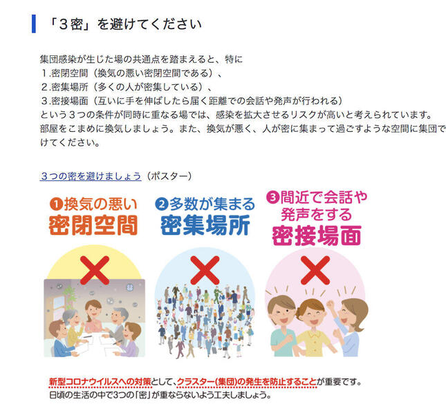 現在呼びかけられている「3密」（画像は厚生労働省公式サイトから）