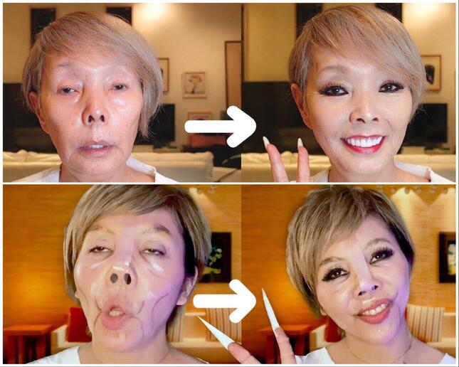 研ナオコさん（上）のメイク動画のパロディ作品を投稿したミラクルひかるさん（下、いずれもYouTube動画のサムネイルより）