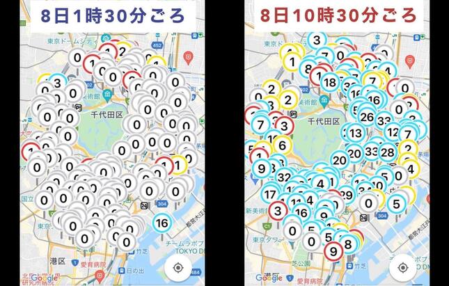 東京都心部におけるドコモバイクシェアのポート状況の変化。数字は貸し出し可能な自転車の台数を指している（編集部作成）