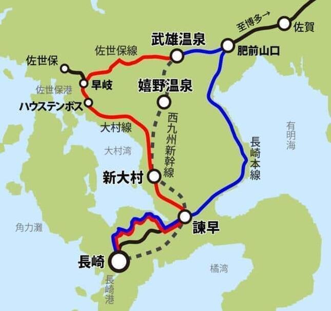 2022年秋に運行が始まるJR九州の観光列車「ふたつ星4047」（ふたつぼし・よんまるよんなな）が予定している運行ルート。午前に運行される往路は長崎本線を、復路は大村線を通る（写真はJR九州のプレスリリースから）