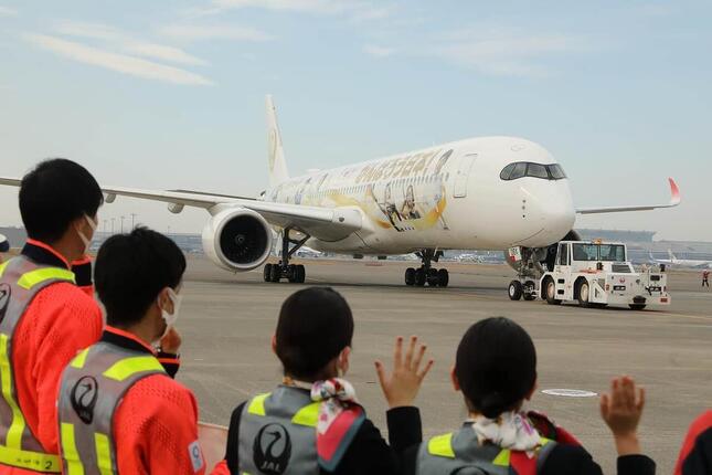 運航最終日を迎えた日本航空（JAL）の「みんなのJAL2020ジェット」3号機（エアバスA350型機）。垂直尾翼に「金の鶴丸」を描いたデザインが特徴だ。左から戸辺直人選手、加納虹輝選手