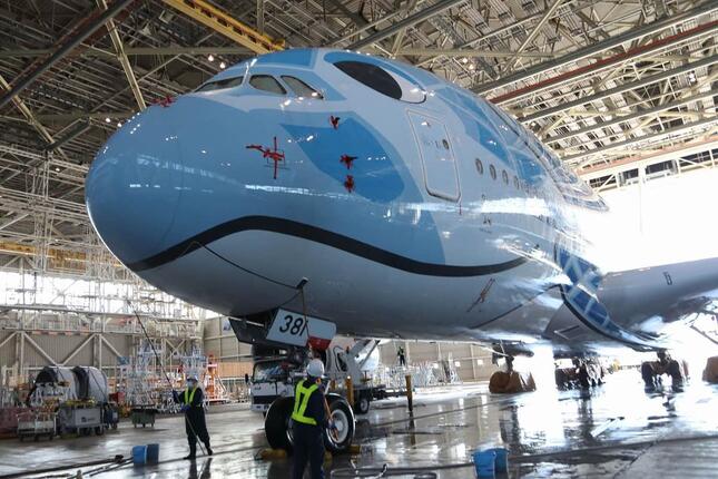 巨大なA380型機を洗うのは「人力」だ