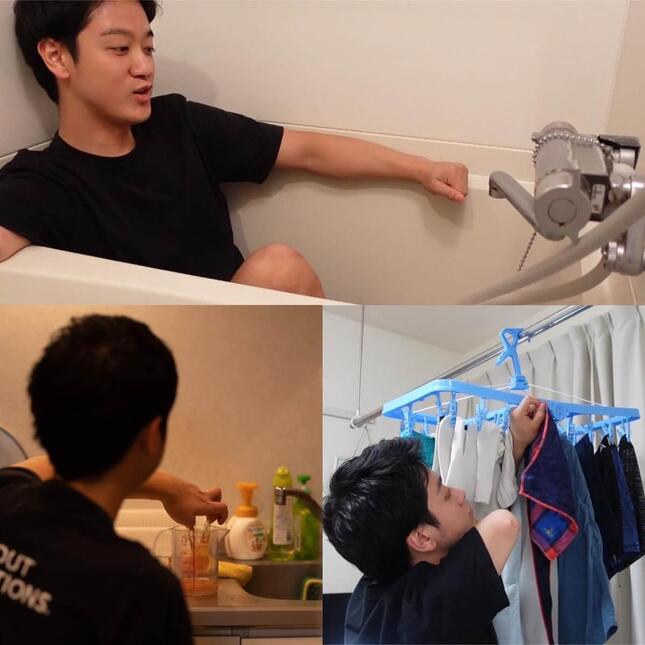 山田千紘さん。入浴（上）、卵割り（左下）、洗濯物干しの様子