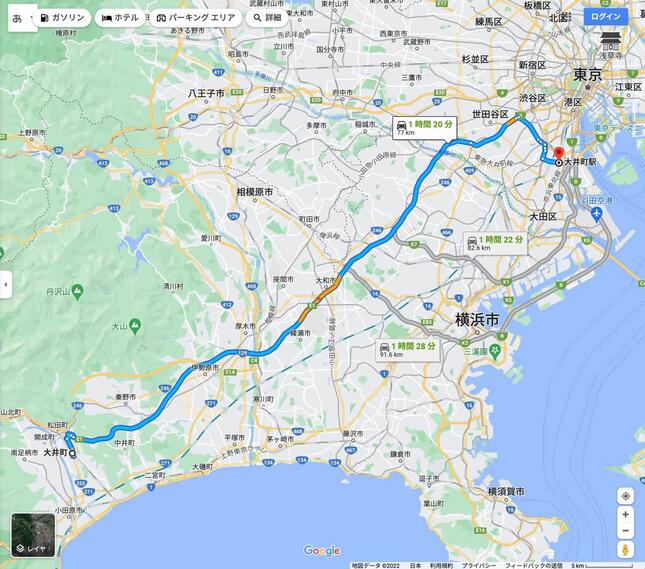 「大井町」同士のおよその距離、Googleマップより