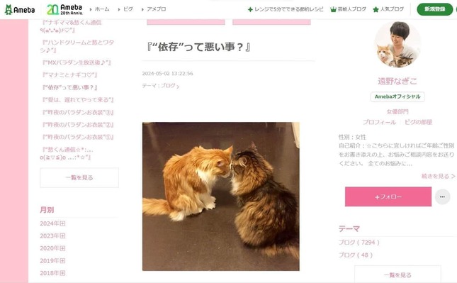 遠野なぎこさんのブログには愛猫の写真