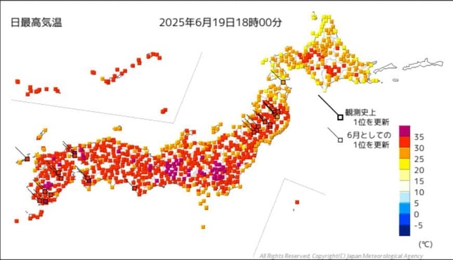 6月19日の最高気温図。気象庁のサイトより