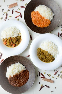 「スズキ食堂インドベジタリアンカレー」全4種の盛り付けイメージ（スズキ提供）