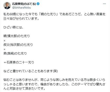 石原伸晃氏のポスト。「石原家の二十一光り」について説明した