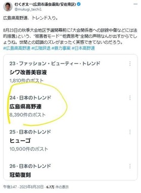 広島県議も「広島県高野連」の方針に異論（写真は椋木太一議員のXから）