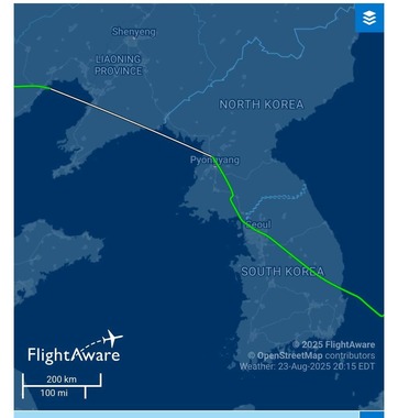 「フライトアウェア」でも北朝鮮上空を飛んでいるように見える