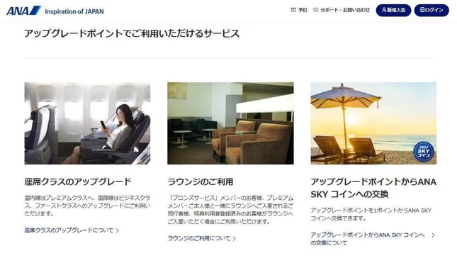 アップグレードポイントで利用できるサービス。ANA公式サイトより