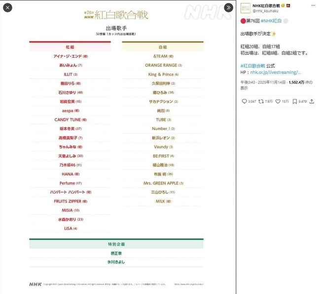 NHK紅白歌合戦公式Xアカウントより（@nhk_kouhaku／一部加工）