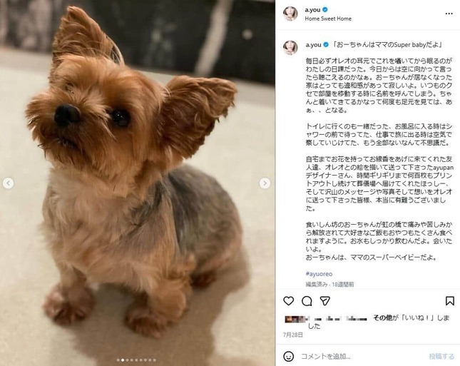 浜崎あゆみさんのインスタグラム（＠a.you）より