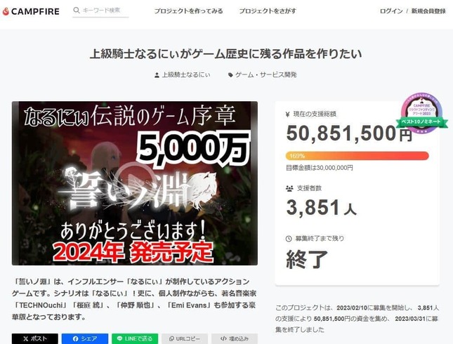 波紋を広げたクラファンサイト。「2024年発売予定」とうたっている
