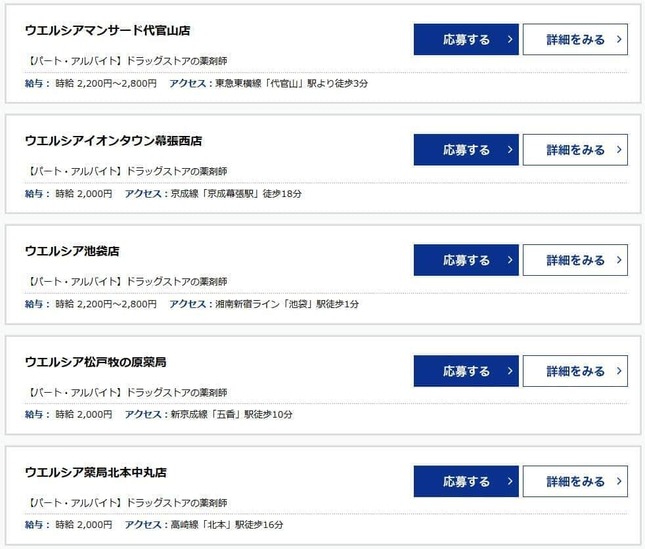 ウエルシアの薬剤師のパート・アルバイト求人例、公式サイトより