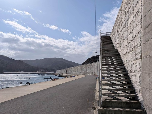 「道の駅 硯上の里 おがつ」前に立つ防潮堤。階段を下りると、雄勝の海が広がる（2026年2月撮影）