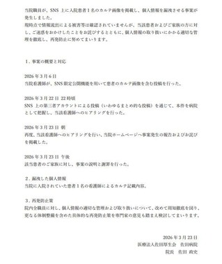 佐田病院による2026年3月23日の発表