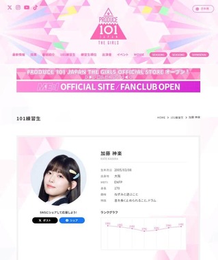 「PRODUCE 101 JAPAN THE GIRLS」練習生時代の加藤神楽さん。公式サイトより