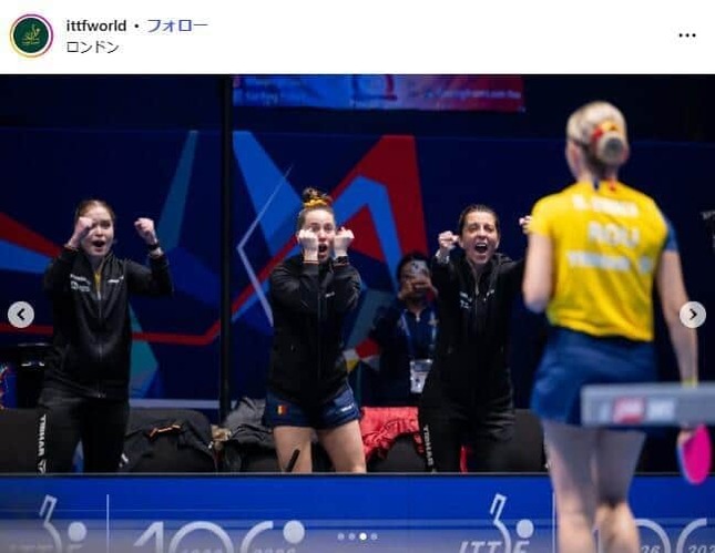 世界卓球で銅メダルを獲得したルーマニア代表たち。ITTF公式インスタグラム（＠ittfworld）より