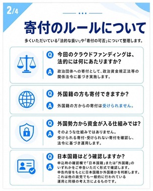 中道がXに公開した「寄付のルールについて」。日本国籍は自己申告ベースで確認する
