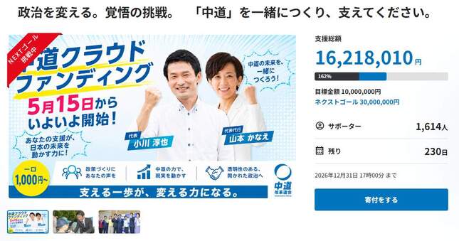 中道改革連合のクラファンページ。15時時点で1500万円以上集まった