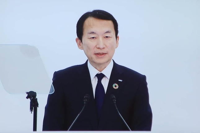 全日空（ANA）の平沢寿一社長（記者室のモニターを撮影）
