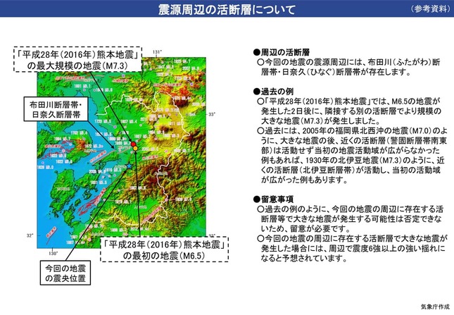 震源周辺の活断層の様子。余震に注意が必要だ