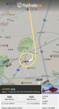 熊本市の大西市長はヘリで熊本にたどりついた（写真はフライトレーダー24から）