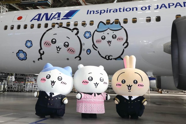 ANAの特別塗装機「ちいかわジェット」の前に勢ぞろいしたハチワレ、ちいかわ、うさぎ。3キャラクターともANAの制服姿だ
