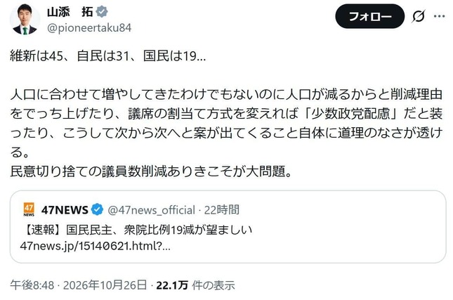 「民意切り捨ての議員数削減ありきこそが大問題」。山添拓参院議員の怒りのポスト
