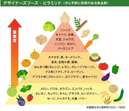 米国国立がん研究所が発表した「がん予防に効果がある食品群」のデザイナーフーズ・ピラミッド（図は編集部作成）。上に行くほど重要度が高く、ニンニクは頂点に
