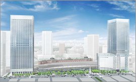JR東京駅八重洲口再開発計画: 2棟の高層ビルは07年にオープンの予定。その後それらを結ぶデッキが完成予定